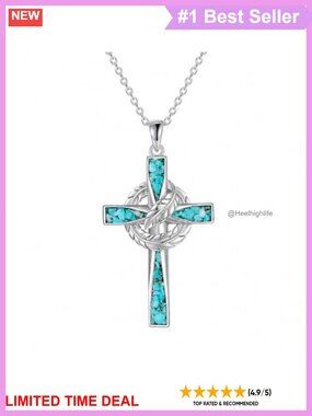 Turquoise Feather Cross Pendant Necklace White Gold Plated Boho